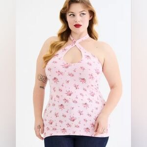 NWT 6X TORRID RETRO CHIC FOXY TWIST NECK Pink Floral Halter Keyhole Top